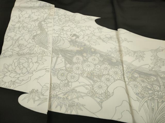 平和屋着物▼黒留袖 解き反物 着尺 裁断済 色付前 孔雀花文 逸品 未使用 DABD7347zzz