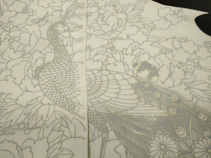 平和屋着物▼黒留袖 解き反物 着尺 裁断済 色付前 孔雀花文 逸品 未使用 DABD7347zzz