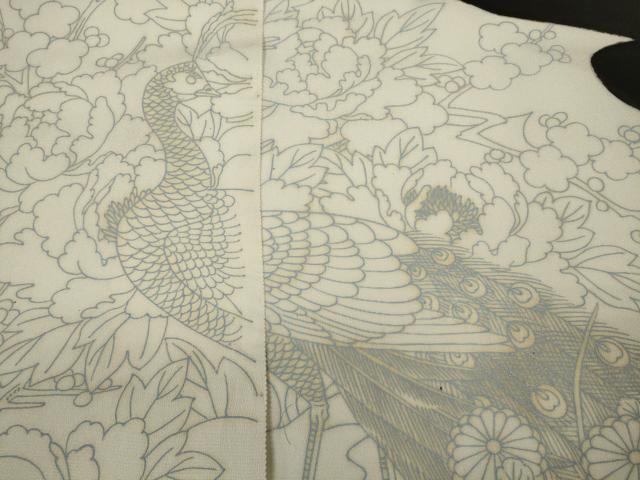 平和屋着物▼黒留袖 解き反物 着尺 裁断済 色付前 孔雀花文 逸品 未使用 DABD7347zzz