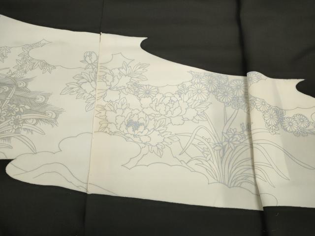 平和屋着物▼黒留袖 解き反物 着尺 裁断済 色付前 孔雀花文 逸品 未使用 DABD7347zzz
