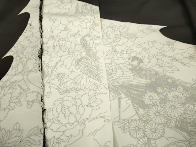 平和屋着物▼黒留袖 解き反物 着尺 裁断済 色付前 孔雀花文 逸品 未使用 DABD7347zzz