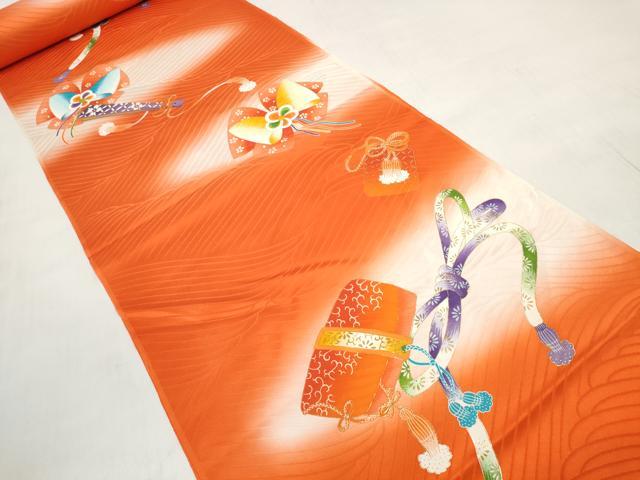 平和屋着物[]七五三　女の子　祝着　反物　三つ身　リボン　扇子　箱迫　お守り　暈し染め　金彩　逸品　未使用　DABD7407zzz