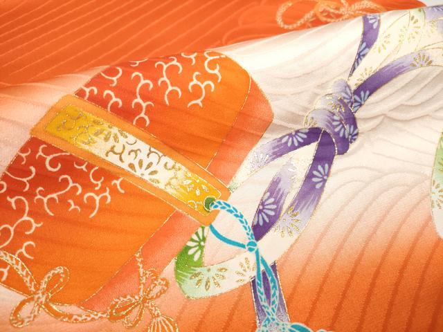 平和屋着物[]七五三　女の子　祝着　反物　三つ身　リボン　扇子　箱迫　お守り　暈し染め　金彩　逸品　未使用　DABD7407zzz