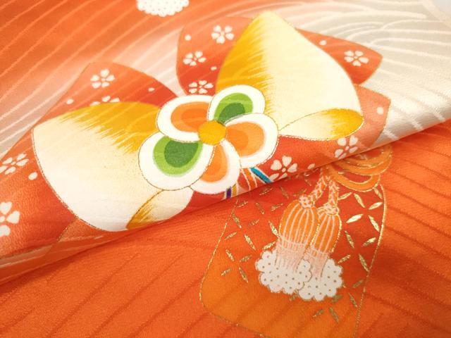 平和屋着物[]七五三　女の子　祝着　反物　三つ身　リボン　扇子　箱迫　お守り　暈し染め　金彩　逸品　未使用　DABD7407zzz