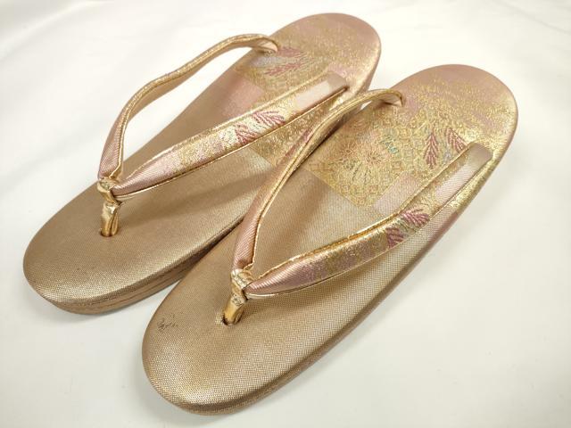 平和屋着物▼和装小物　和装バッグ・草履セット　色紙重ね花文　金糸　逸品　DABD7466zzz