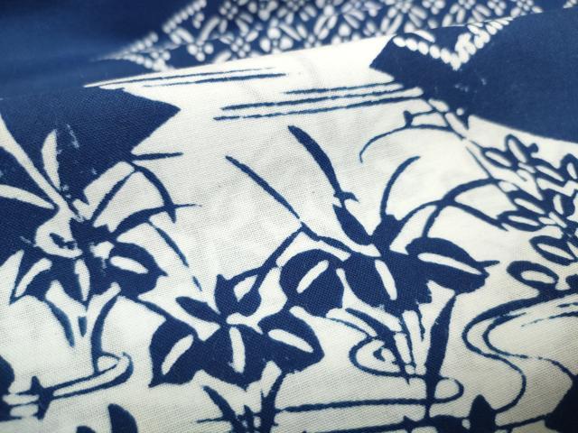 平和屋着物＊夏物 浴衣 反物 着尺 はずみ染 松皮菱花蝶文 綿 未使用 DABD7540zzz