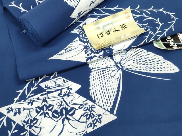 平和屋着物＊夏物 浴衣 反物 着尺 はずみ染 松皮菱花蝶文 綿 未使用 DABD7540zzz