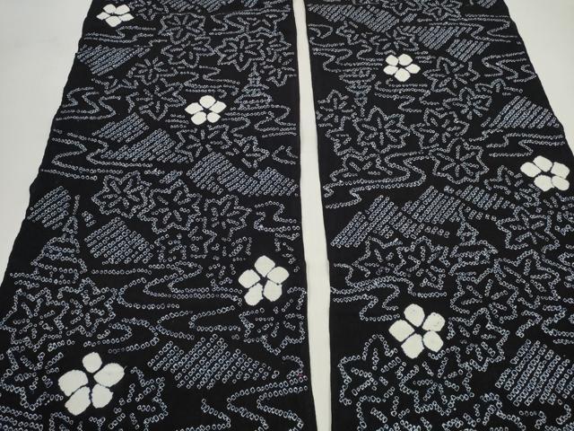 平和屋着物＊夏物 有松鳴海絞り 浴衣 反物 着尺 竜田川花文 黒地 裁断済 綿 逸品 未使用 DABD7614zzz