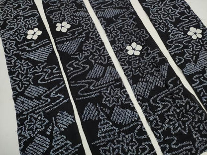 平和屋着物＊夏物 有松鳴海絞り 浴衣 反物 着尺 竜田川花文 黒地 裁断済 綿 逸品 未使用 DABD7614zzz