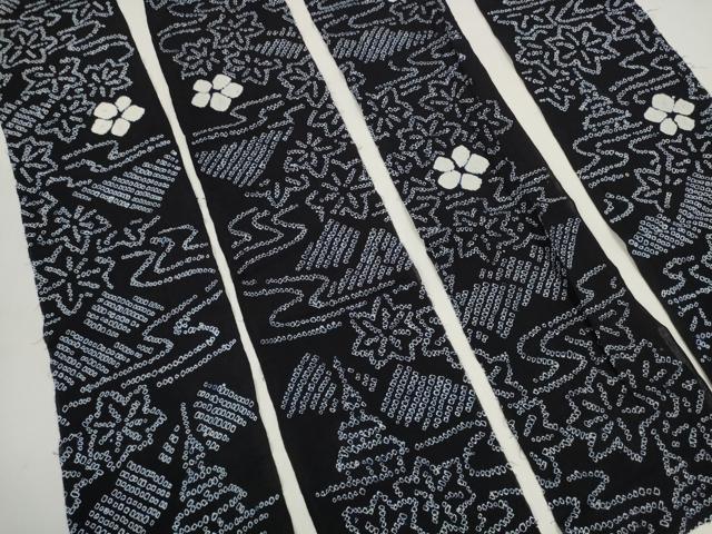 平和屋着物＊夏物 有松鳴海絞り 浴衣 反物 着尺 竜田川花文 黒地 裁断済 綿 逸品 未使用 DABD7614zzz