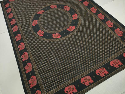平和屋着物▼和装小物 インテリア小物 テーブルクロス タペストリー 壁掛け インド布 象 黒地 タグ付き 綿 逸品 未使用 DABD7658zzz