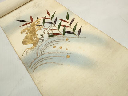 平和屋着物▼アンティーク 大正ロマン 名古屋帯 帯反物 駒刺繍 立波枝葉文 金糸 未使用 DABD7681zzz