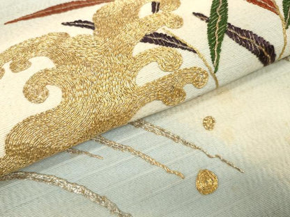 平和屋着物▼アンティーク 大正ロマン 名古屋帯 帯反物 駒刺繍 立波枝葉文 金糸 未使用 DABD7681zzz