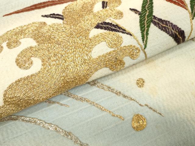 平和屋着物▼アンティーク 大正ロマン 名古屋帯 帯反物 駒刺繍 立波枝葉文 金糸 未使用 DABD7681zzz