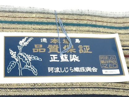 平和屋着物＊夏物 阿波しじら織 浴衣 反物 着尺 正藍染 間道 証紙・箱付き 綿 逸品 未使用 DABD7686zzz