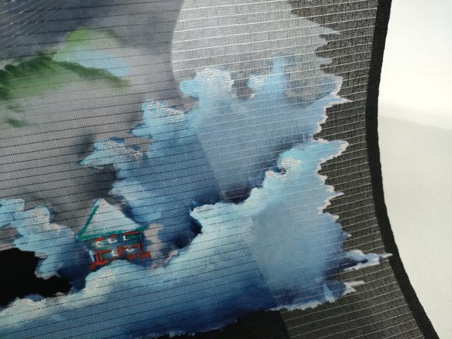 平和屋着物＊夏物 名古屋帯 帯反物 絽 手描き 遠山風景文 黒地 未使用 DABD7714zzz