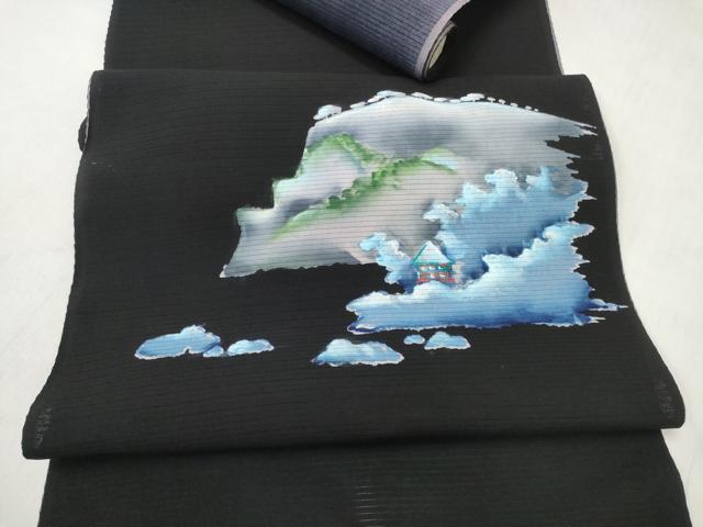 平和屋着物＊夏物 名古屋帯 帯反物 絽 手描き 遠山風景文 黒地 未使用 DABD7714zzz