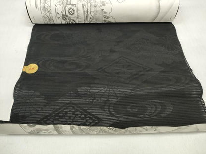 平和屋着物＊夏物 西陣 名古屋帯 帯反物 黒共帯 流水菱菊文 証紙付き 未使用 DABD7774zzz