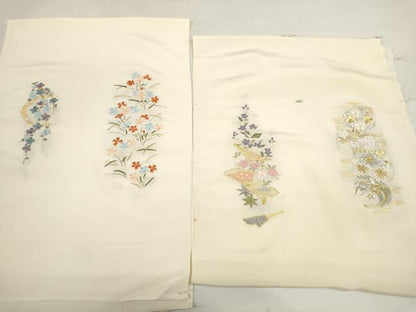 平和屋着物▼和装小物 端切れ ハギレ 2枚セット 駒刺繍 総刺繍 扇面花 雪輪花 金銀糸 リメイク生地 材料 逸品 DABD7782zzz