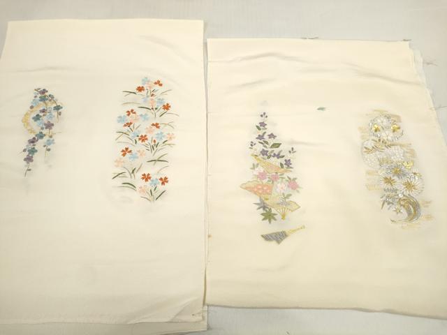 平和屋着物▼和装小物 端切れ ハギレ 2枚セット 駒刺繍 総刺繍 扇面花 雪輪花 金銀糸 リメイク生地 材料 逸品 DABD7782zzz