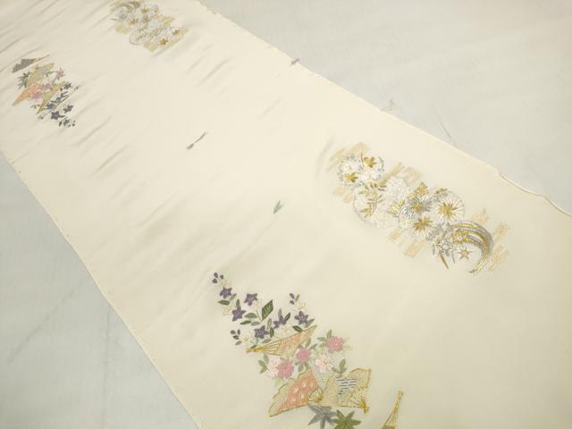 平和屋着物▼和装小物 端切れ ハギレ 2枚セット 駒刺繍 総刺繍 扇面花 雪輪花 金銀糸 リメイク生地 材料 逸品 DABD7782zzz