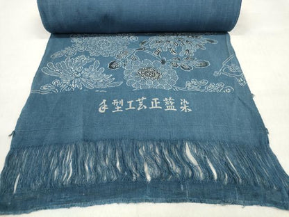 平和屋着物＊夏物 綿紅梅 浴衣 反物 着尺 手型工芸 正藍染 菊 綿 逸品 未使用 DABD7863zzz