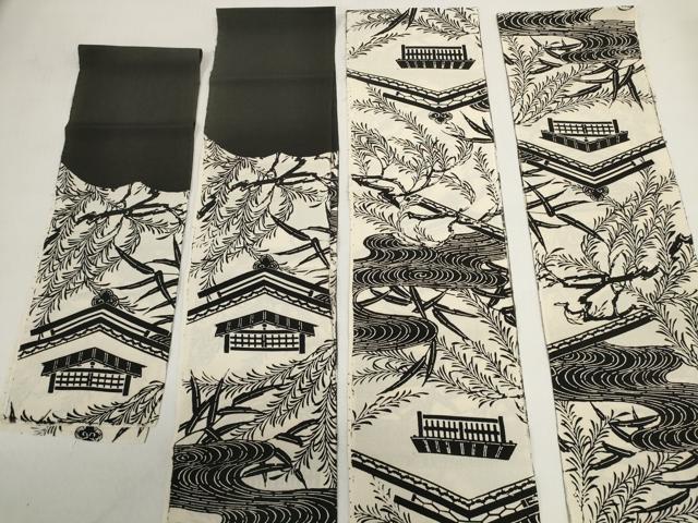 平和屋着物▼小紋　解き反物　着尺　流水家屋文　逸品　DABD7953zzz