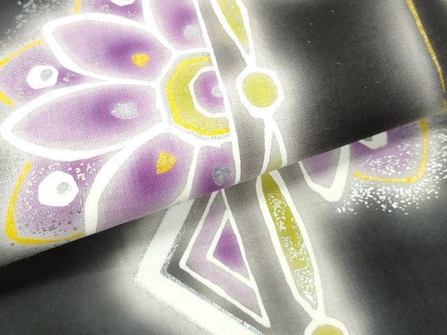 平和屋着物＊夏物 世界的ファッションデザイナー 山本寛斎 kansaiブランド 浴衣 反物 着尺 抽象花文 黒地 銀彩 綿 逸品 未使用 DABD7966zzz