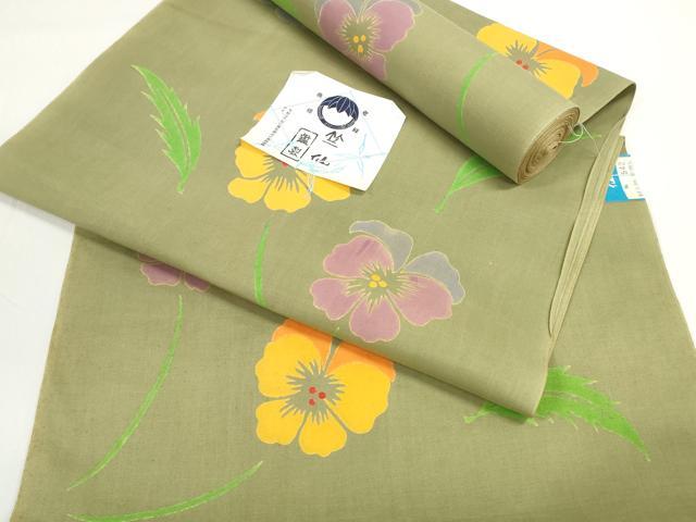 平和屋着物＊夏物　竺仙鑑製　浴衣　反物　着尺　パンジー　証紙付き　綿　逸品　未使用　DABD7998zzz