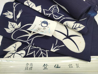 平和屋着物＊夏物　竺仙鑑製　浴衣　反物　着尺　綿絽　朝顔　アサガオ　証紙付き　綿　逸品　未使用　DABD8008zzz