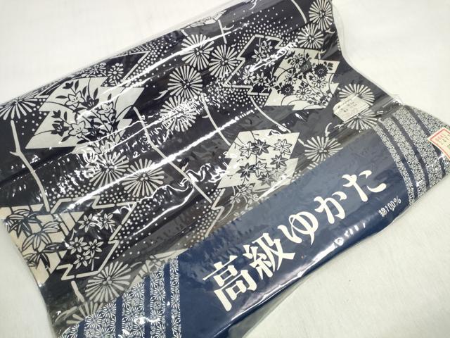 平和屋着物＊夏物　浴衣　反物　着尺　松皮菱花文　紺地　綿　未使用　DABD8042zzz