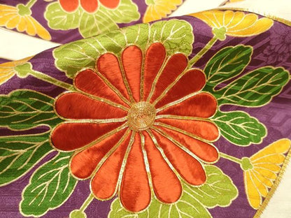 平和屋着物▼振袖 解き反物 着尺 駒刺繍 菱菊文 逸品 DABD8063zzz
