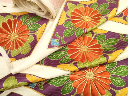 平和屋着物▼振袖 解き反物 着尺 駒刺繍 菱菊文 逸品 DABD8063zzz