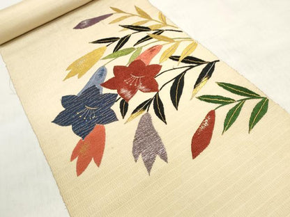 平和屋着物▼アンティーク 大正ロマン 名古屋帯 帯反物 総手刺繍 桔梗 金糸 逸品 DABD8099zzz