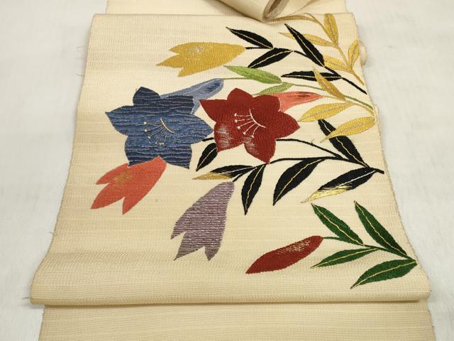 平和屋着物▼アンティーク 大正ロマン 名古屋帯 帯反物 総手刺繍 桔梗 金糸 逸品 DABD8099zzz