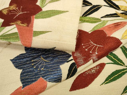 平和屋着物▼アンティーク 大正ロマン 名古屋帯 帯反物 総手刺繍 桔梗 金糸 逸品 DABD8099zzz