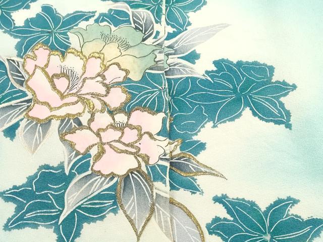 平和屋着物▼付下げ 解き反物 着尺 刺繍 草花文 暈し染め 金糸 逸品 DABD8105zzz