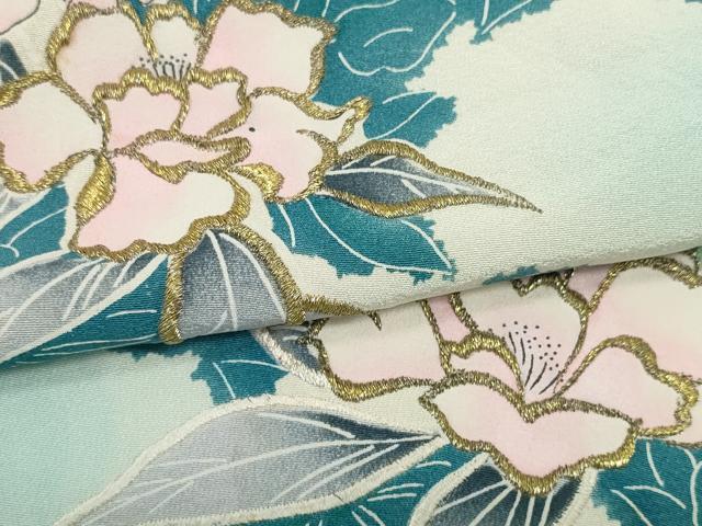平和屋着物▼付下げ 解き反物 着尺 刺繍 草花文 暈し染め 金糸 逸品 DABD8105zzz