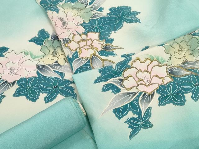 平和屋着物▼付下げ 解き反物 着尺 刺繍 草花文 暈し染め 金糸 逸品 DABD8105zzz