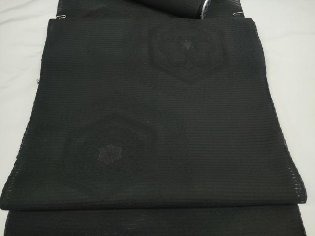 平和屋着物＊夏物　西陣　名古屋帯　帯反物　黒共帯　亀甲花文　証紙付き　逸品　未使用　DABD8123zzz