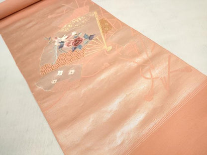 平和屋着物▼名古屋帯　帯反物　刺繍　純金箔二重織　扇面鳳凰花文　逸品　未使用　DABD8162zzz