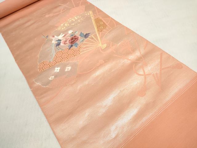 平和屋着物▼名古屋帯　帯反物　刺繍　純金箔二重織　扇面鳳凰花文　逸品　未使用　DABD8162zzz
