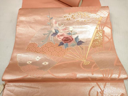 平和屋着物▼名古屋帯　帯反物　刺繍　純金箔二重織　扇面鳳凰花文　逸品　未使用　DABD8162zzz