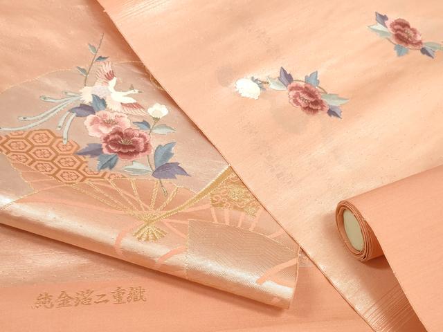 平和屋着物▼名古屋帯　帯反物　刺繍　純金箔二重織　扇面鳳凰花文　逸品　未使用　DABD8162zzz