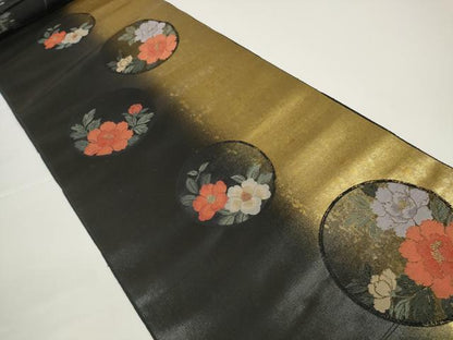 平和屋着物●西陣　しらえ織物謹製　名古屋帯　帯反物　秀麗　椿花丸文　牡丹　黒地　引箔　証紙付き　逸品　未使用　DABD8453zzz