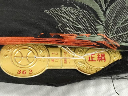 平和屋着物●西陣　しらえ織物謹製　名古屋帯　帯反物　秀麗　椿花丸文　牡丹　黒地　引箔　証紙付き　逸品　未使用　DABD8453zzz