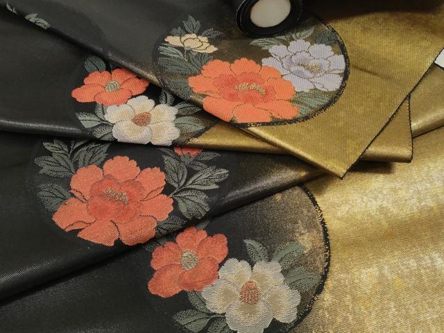 平和屋着物●西陣　しらえ織物謹製　名古屋帯　帯反物　秀麗　椿花丸文　牡丹　黒地　引箔　証紙付き　逸品　未使用　DABD8453zzz
