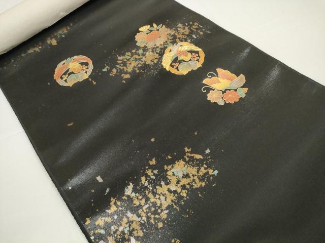 平和屋着物●西陣　名古屋帯　帯反物　螺鈿　愛彩野　舞蝶花鳥文　黒地　金糸　引箔　証紙付き　逸品　未使用　DABD8458zzz