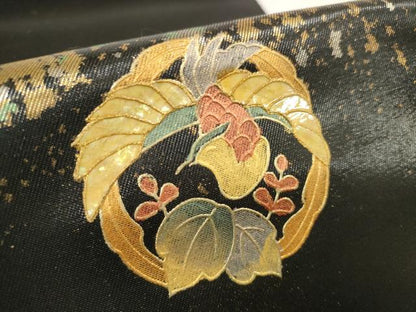 平和屋着物●西陣　名古屋帯　帯反物　螺鈿　愛彩野　舞蝶花鳥文　黒地　金糸　引箔　証紙付き　逸品　未使用　DABD8458zzz