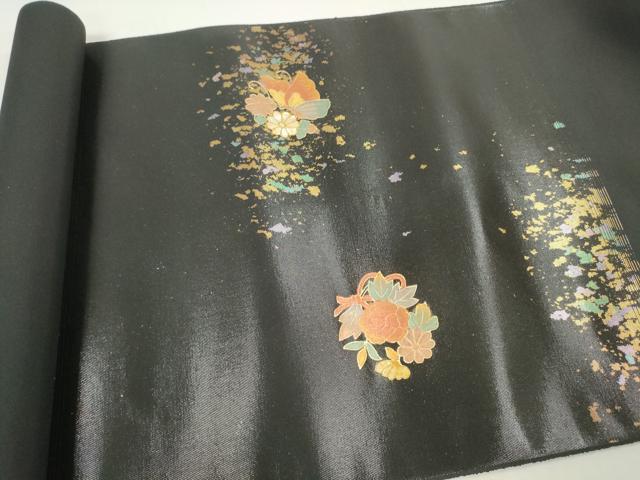 平和屋着物●西陣　名古屋帯　帯反物　螺鈿　愛彩野　舞蝶花鳥文　黒地　金糸　引箔　証紙付き　逸品　未使用　DABD8458zzz